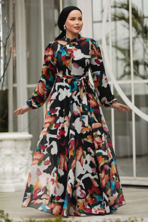 Modest Black Chiffon Maxi Dress 30059S - 1