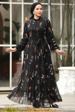 Modest Black Floral Dress 33087S - 2