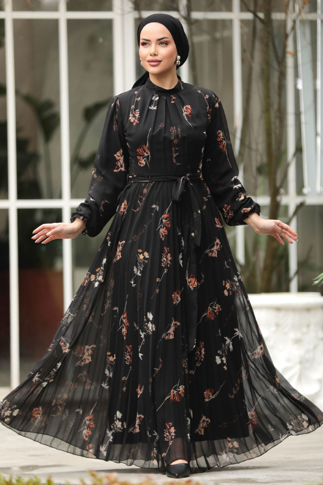 Modest Black Floral Dress 33087S - 1
