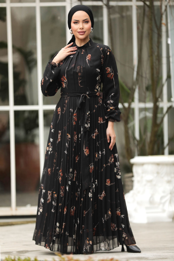 Modest Black Floral Dress 33087S - 3