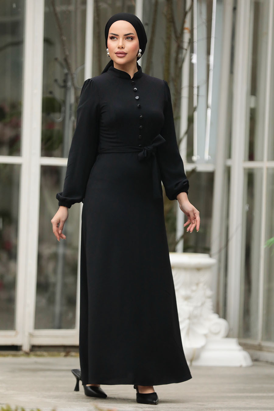 black long dress modest Modest Formal Polka Dot Dress G461 Black