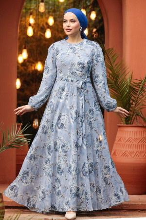 Modest Blue Long Floral Dress 33077M - 1