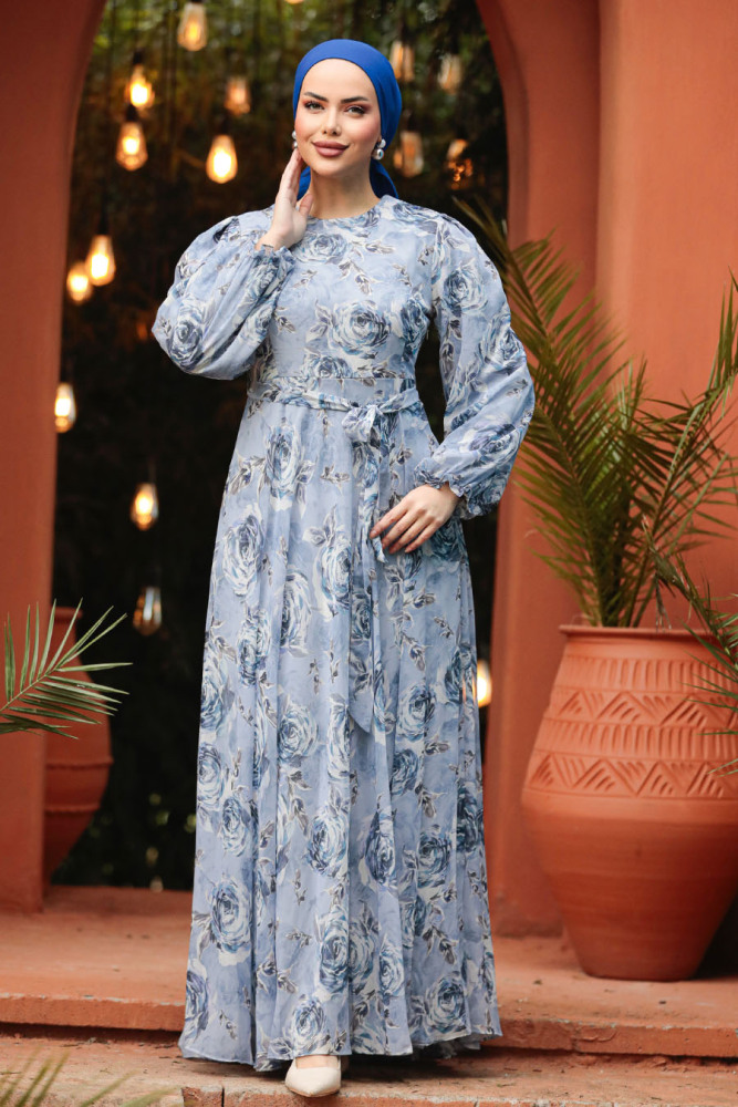 Modest Blue Long Floral Dress 33077M - 3