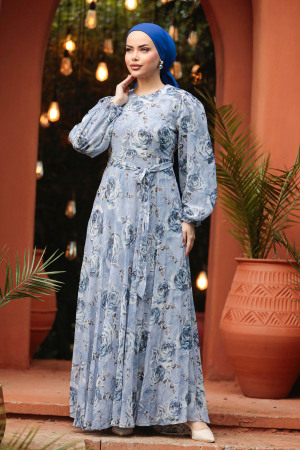 Modest Blue Long Floral Dress 33077M - 2