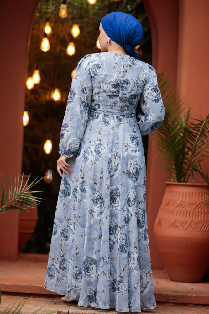 Modest Blue Long Floral Dress 33077M - 4