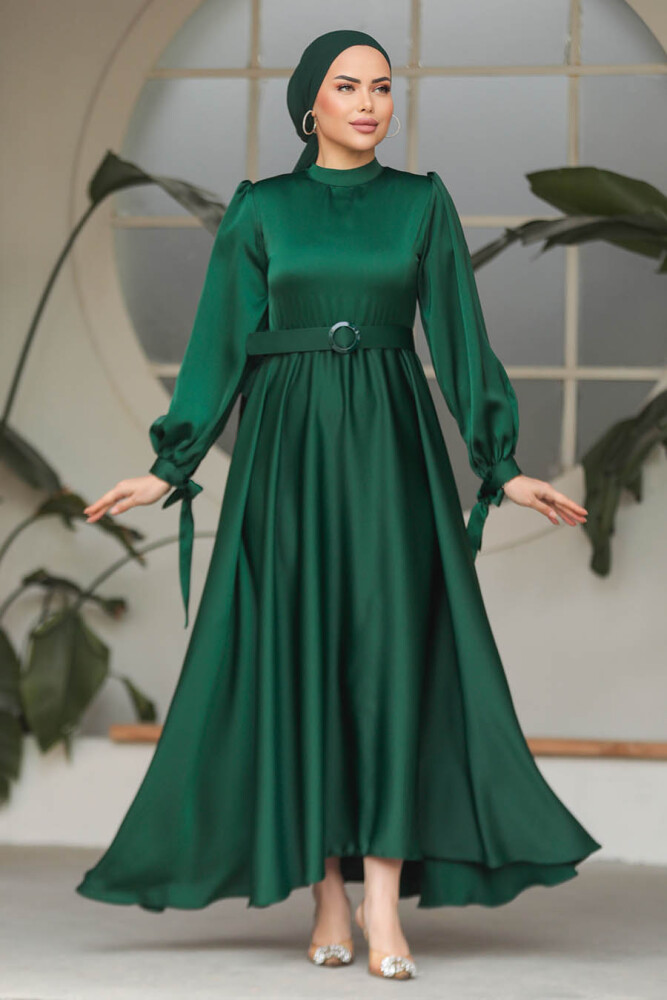 Neva Style - Modest Emerald Green Satin Dress 5931ZY - 2