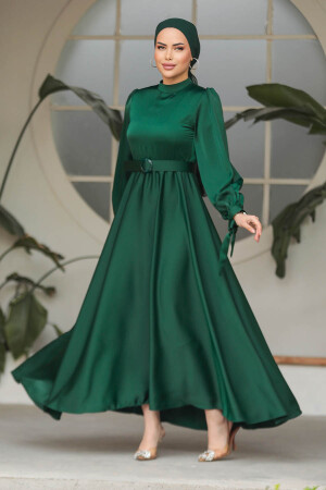 Neva Style - Modest Emerald Green Satin Dress 5931ZY - 3