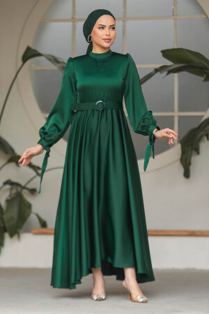 Neva Style - Modest Emerald Green Satin Dress 5931ZY - 4
