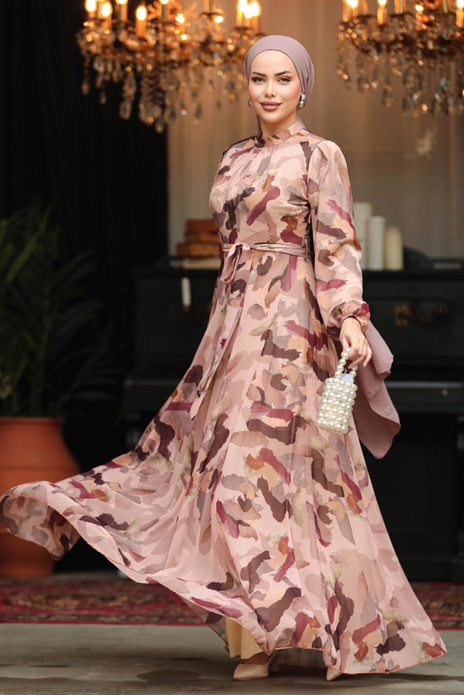 Modest Salmon Pink Chiffon Maxi Dress 30059SMN - 4