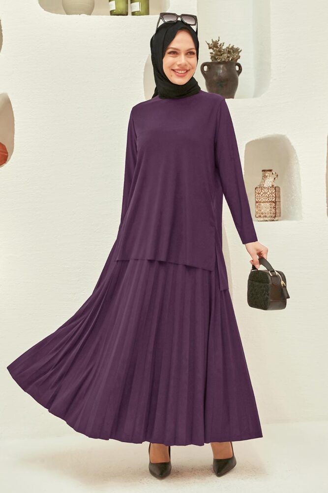 Mor Etekli Tesettür Takım 41258MOR - 1