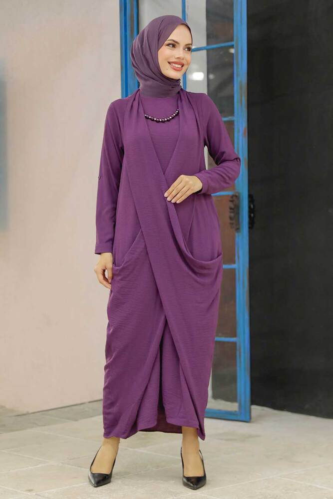 Neva Style - Mürdüm Tesettür Elbise 34281MU - 2