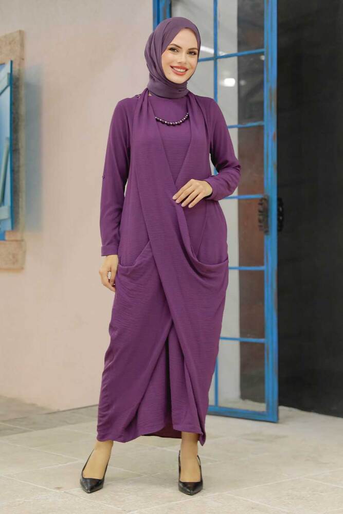 Neva Style - Mürdüm Tesettür Elbise 34281MU - 1