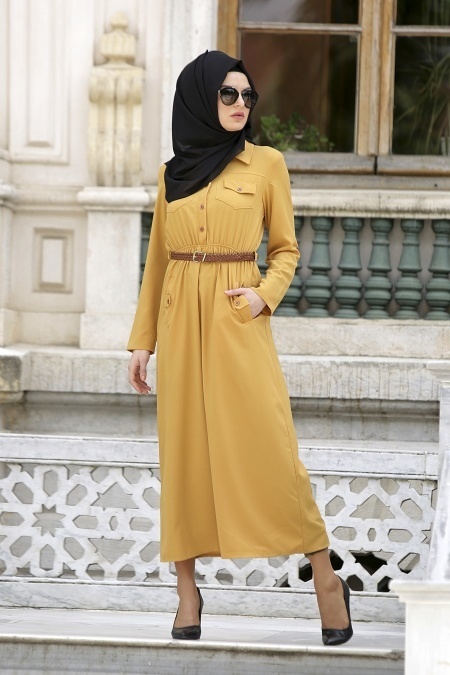 Neva Style - Mustard Hijab Dress 3002HR