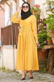 Neva Style - Mustard Hijab Dress 3957HR - Thumbnail