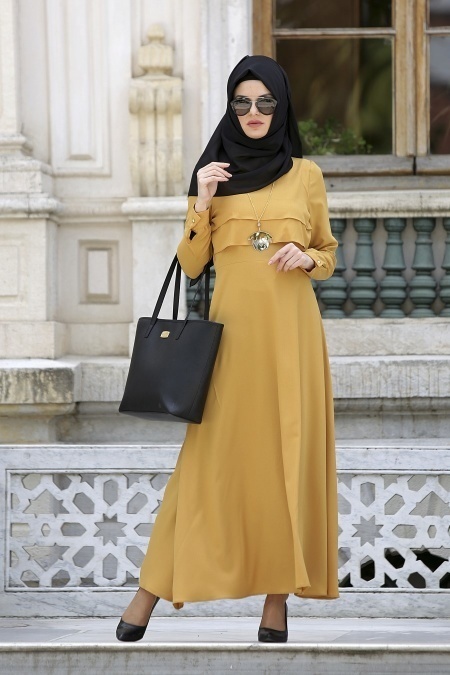 Neva Style - Mustard Hijab Dress 3988HR