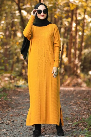 Neva Style - Mustard Hijab Knitwear Dress 1048HR - 1