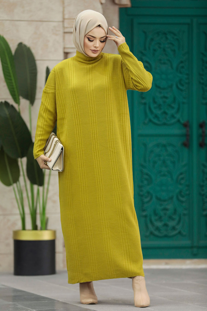 Neva Style - Mustard Muslim Long Knitwear Dress Style 34150HR - 3