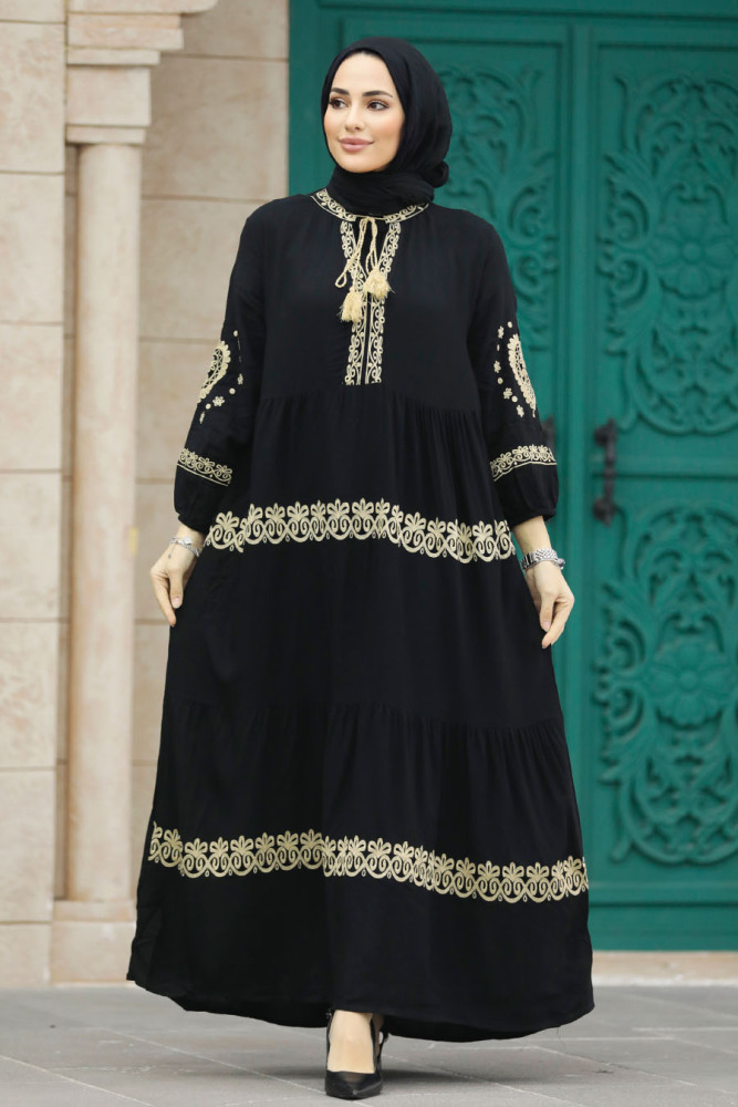 Neva Style - Nakış Desenli Bej Tesettür Elbise 10127BEJ - 4