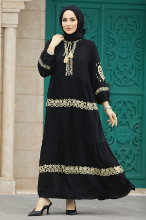 Neva Style - Nakış Desenli Bej Tesettür Elbise 10127BEJ - 1