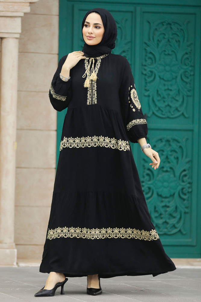 Neva Style - Nakış Desenli Bej Tesettür Elbise 10127BEJ - 2