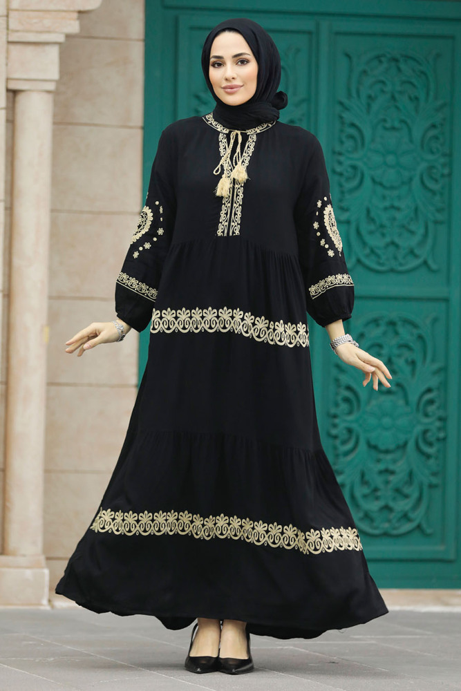 Neva Style - Nakış Desenli Bej Tesettür Elbise 10127BEJ - 3