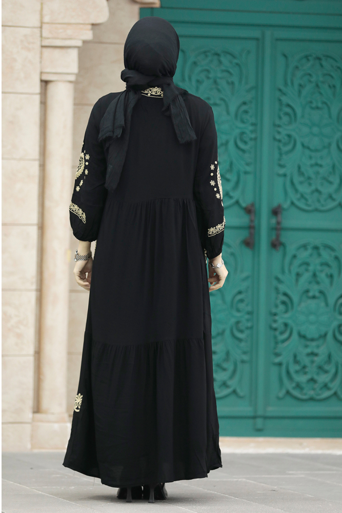 Neva Style - Nakış Desenli Bej Tesettür Elbise 10127BEJ - 5