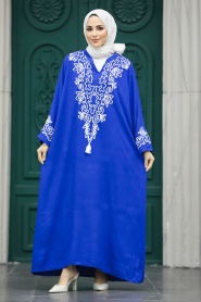Neva Style - Nakış Desenli Sax Mavisi Tesettür Elbise 10129SX - Thumbnail