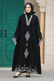 Neva Style - Nakış Desenli Siyah Tesettür Elbise 40026S - Thumbnail