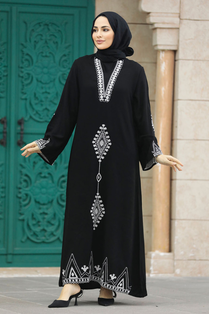  Nakış Desenli Siyah Tesettür Elbise 40026S - 2