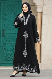 Neva Style - Nakış Desenli Siyah Tesettür Elbise 40026S - Thumbnail
