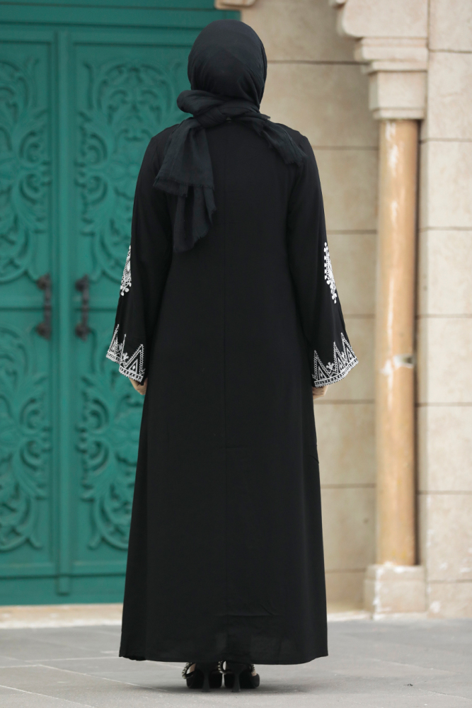  Nakış Desenli Siyah Tesettür Elbise 40026S - 5