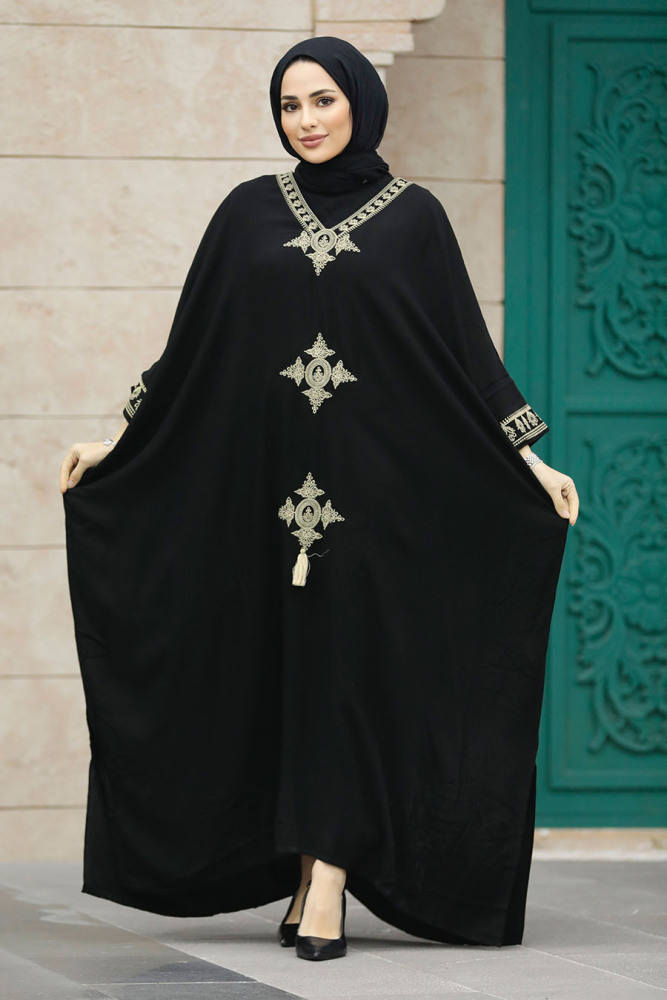  Nakış Desenli Siyah Tesettür Elbise 41019S - 2