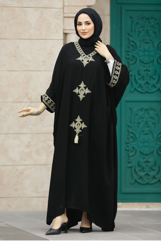  Nakış Desenli Siyah Tesettür Elbise 41019S - 3
