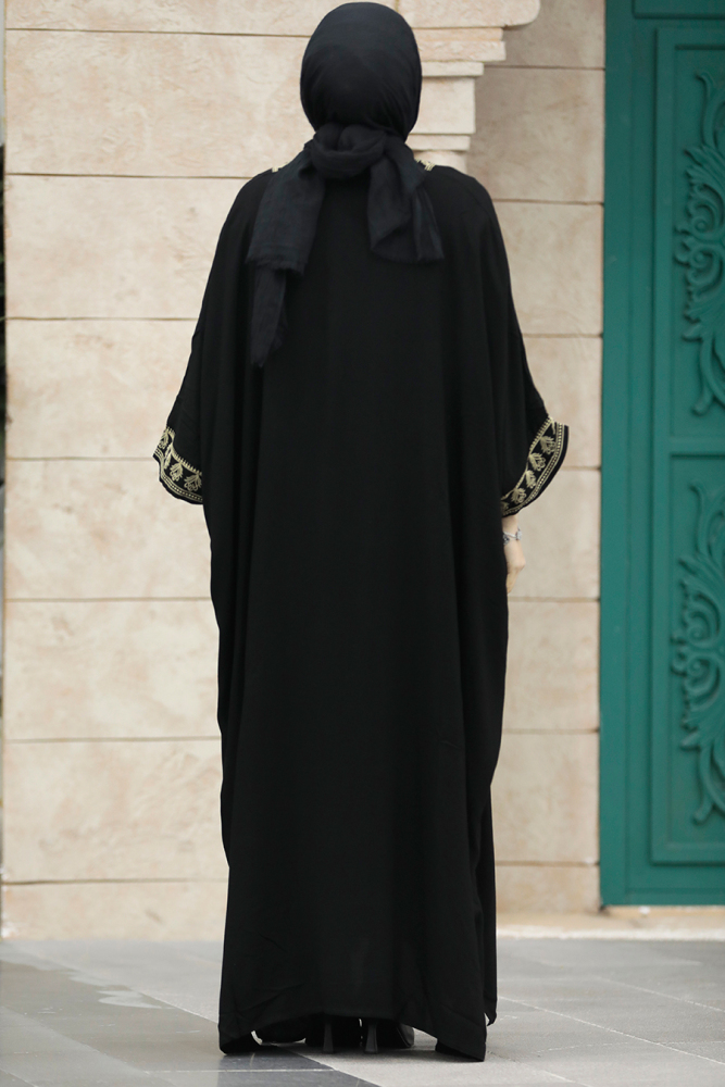  Nakış Desenli Siyah Tesettür Elbise 41019S - 4