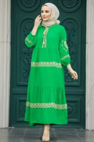 Neva Style - Nakış Desenli Yeşil Tesettür Elbise 11127Y - Thumbnail