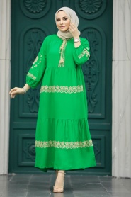 Neva Style - Nakış Desenli Yeşil Tesettür Elbise 11127Y - Thumbnail