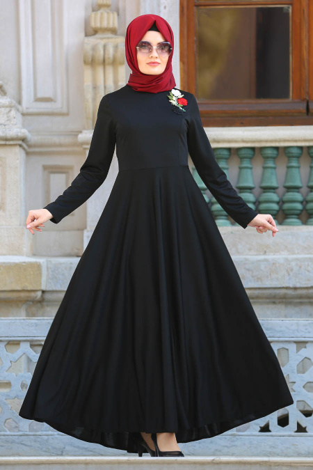 Neva Style - Nakışlı Siyah Tesettür Elbise 41910S