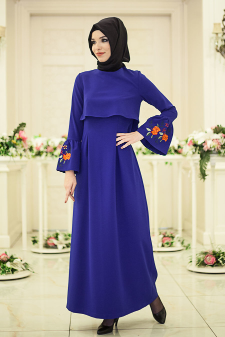 Neva Style - Nakışlı Volan Kol Saks Mavisi Tesettür Elbise 41260SX