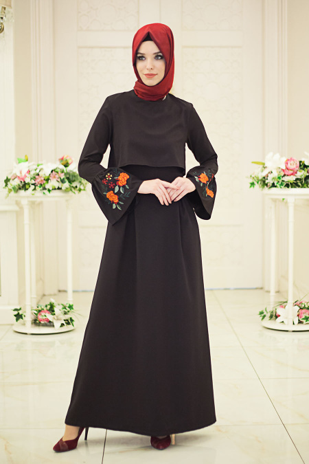 Neva Style - Nakışlı Volan Kol Siyah Tesettür Elbise 41260S