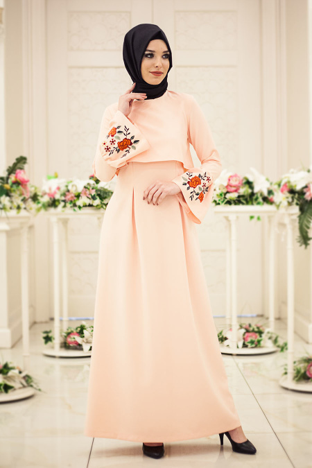 Neva Style - Nakışlı Volan Kol Somon Tesettür Elbise 41260SMN