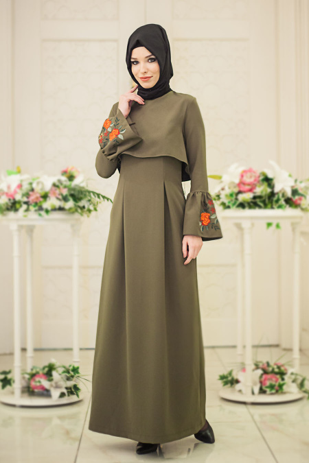 Neva Style - Nakışlı Volan Kol Yeşil Tesettür Elbise 41260Y