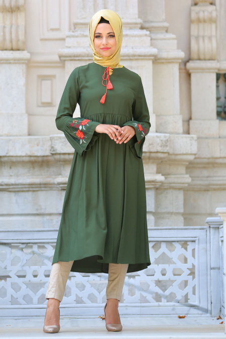 Neva Style - Nakışlı Volan Kol Yeşil Tesettür Tunik 52110Y
