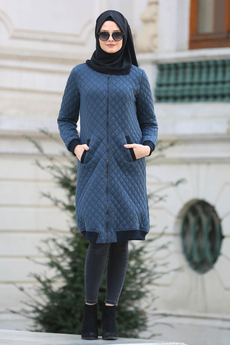 Neva Style - Navy Blue Hijab Coat 15570L