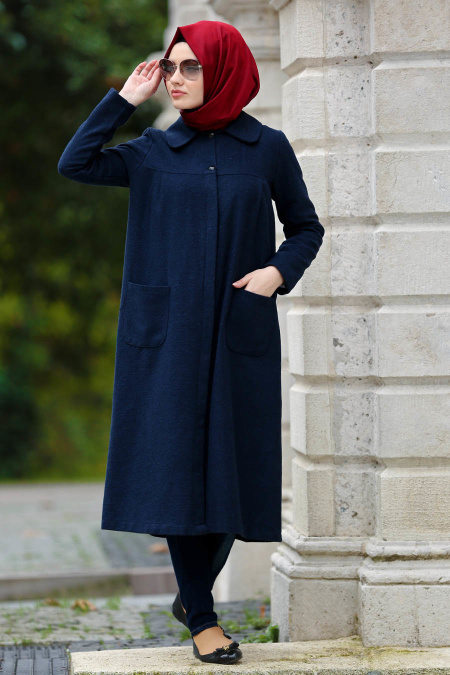 Neva Style - Navy Blue Hijab Coat 16550L