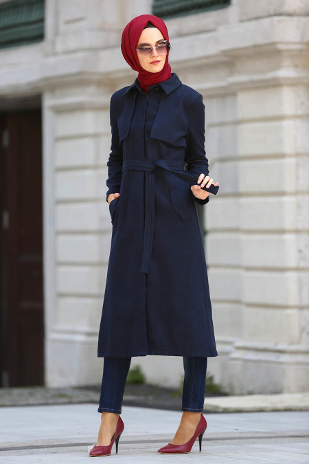 Neva Style - Navy Blue Hijab Coat 2161L