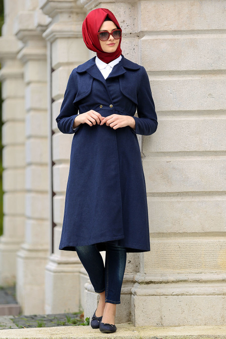Neva Style - Navy Blue Hijab Coat 21860L