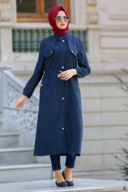 Neva Style - Navy Blue Hijab Coat 21981L - Thumbnail