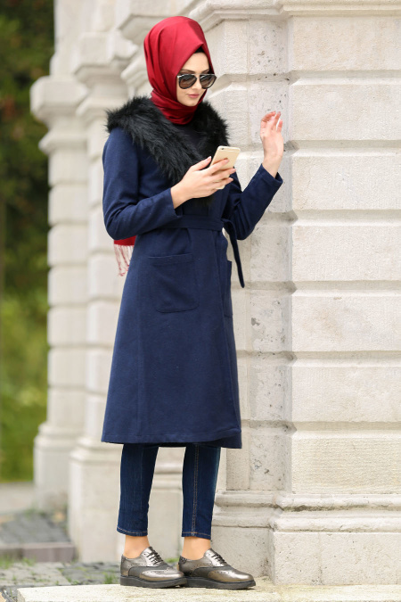 Neva Style - Navy Blue Hijab Coat 22340L
