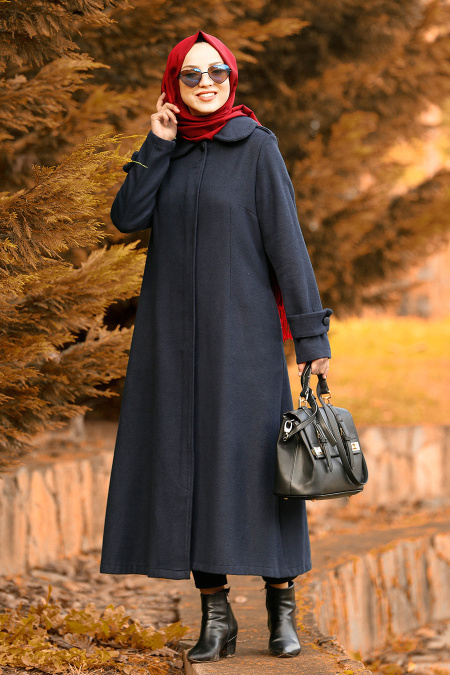 Neva Style - Navy Blue Hijab Coat 2447L
