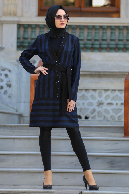 Neva Style - Navy Blue Hijab Coat 30090L